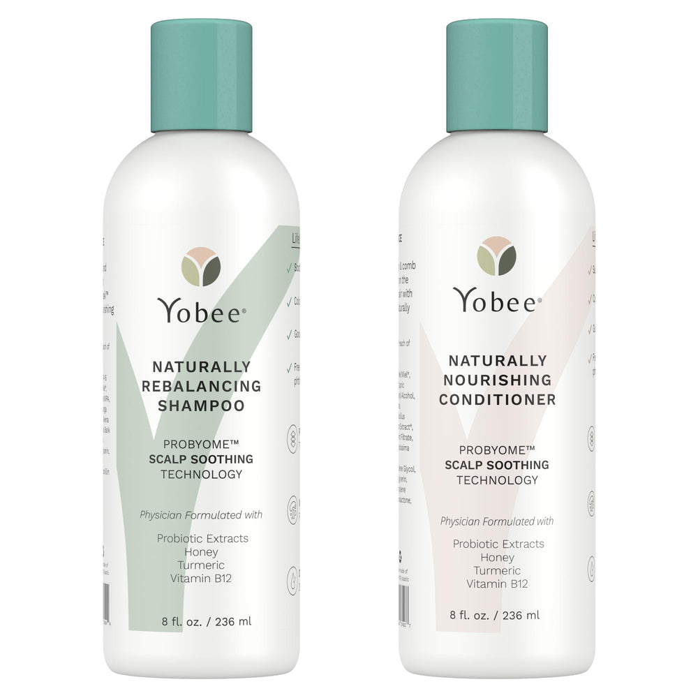 Yobee probiotic shampoo bottle promotes gentle cleansing for sensitive scalps.