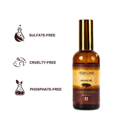 YOGI CARE Argan Oil paired with shampoo, conditioner, and mask for enhanced care.