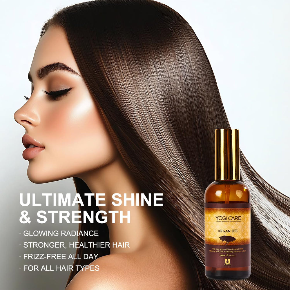 YOGI CARE Moroccan Argan Oil nourishing formula for shiny, frizz-free hair.