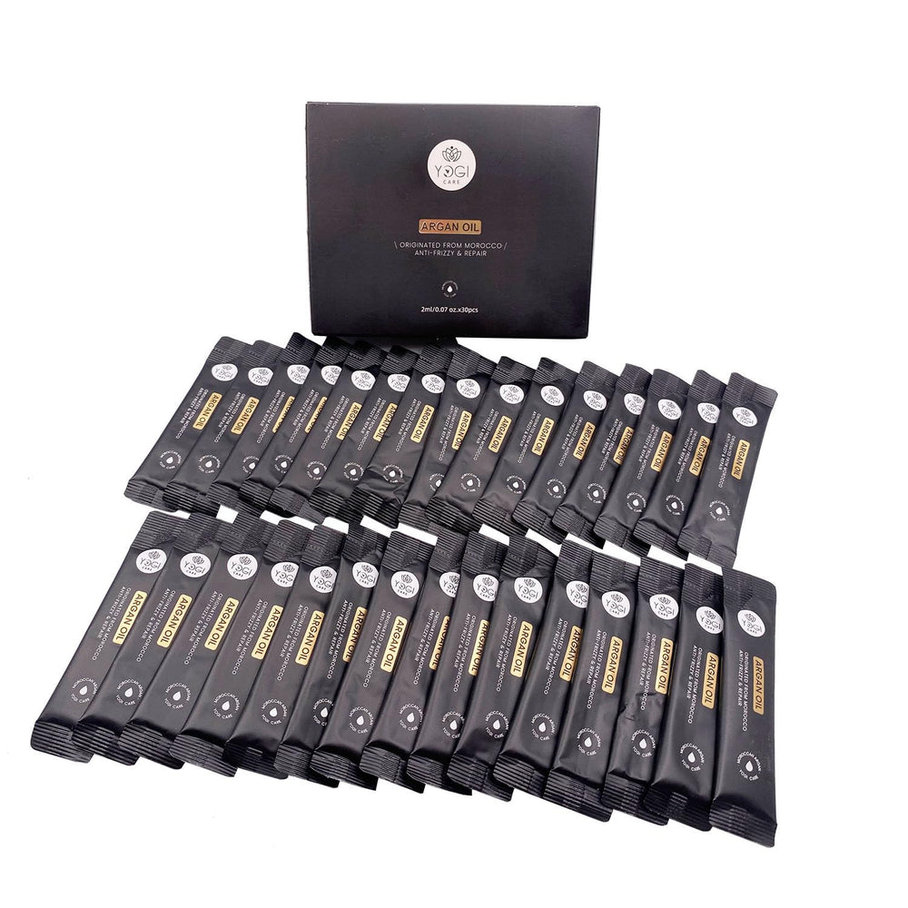 YOGI CARE travel-size argan oil hair serum box for trips
