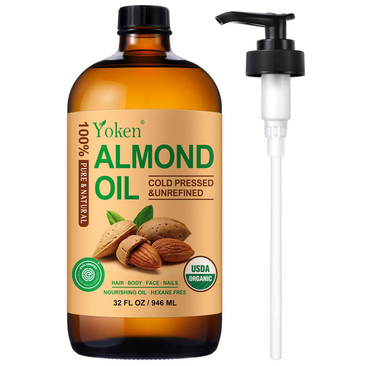 Yoken Organic Almond Oil in amber bottle preserves nutrients for skin and hair.