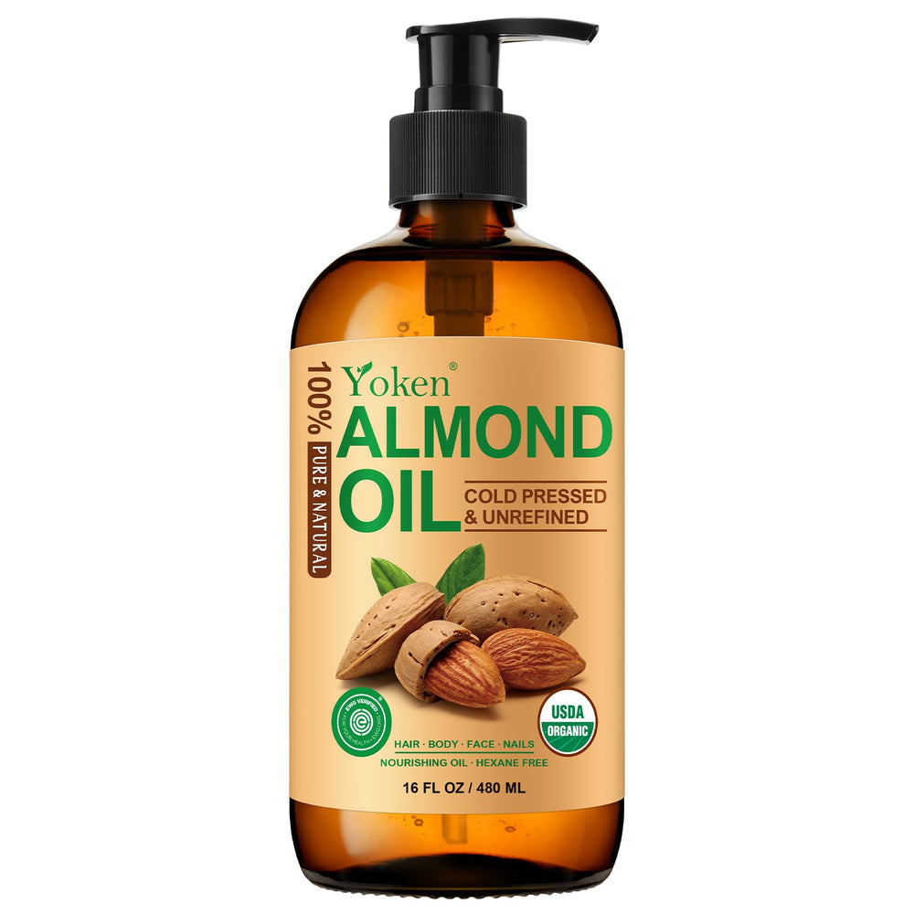 Yoken almond oil amber bottle highlighting premium packaging and light protection