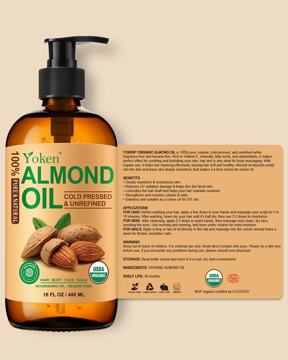 Yoken almond oil in recyclable amber glass packaging