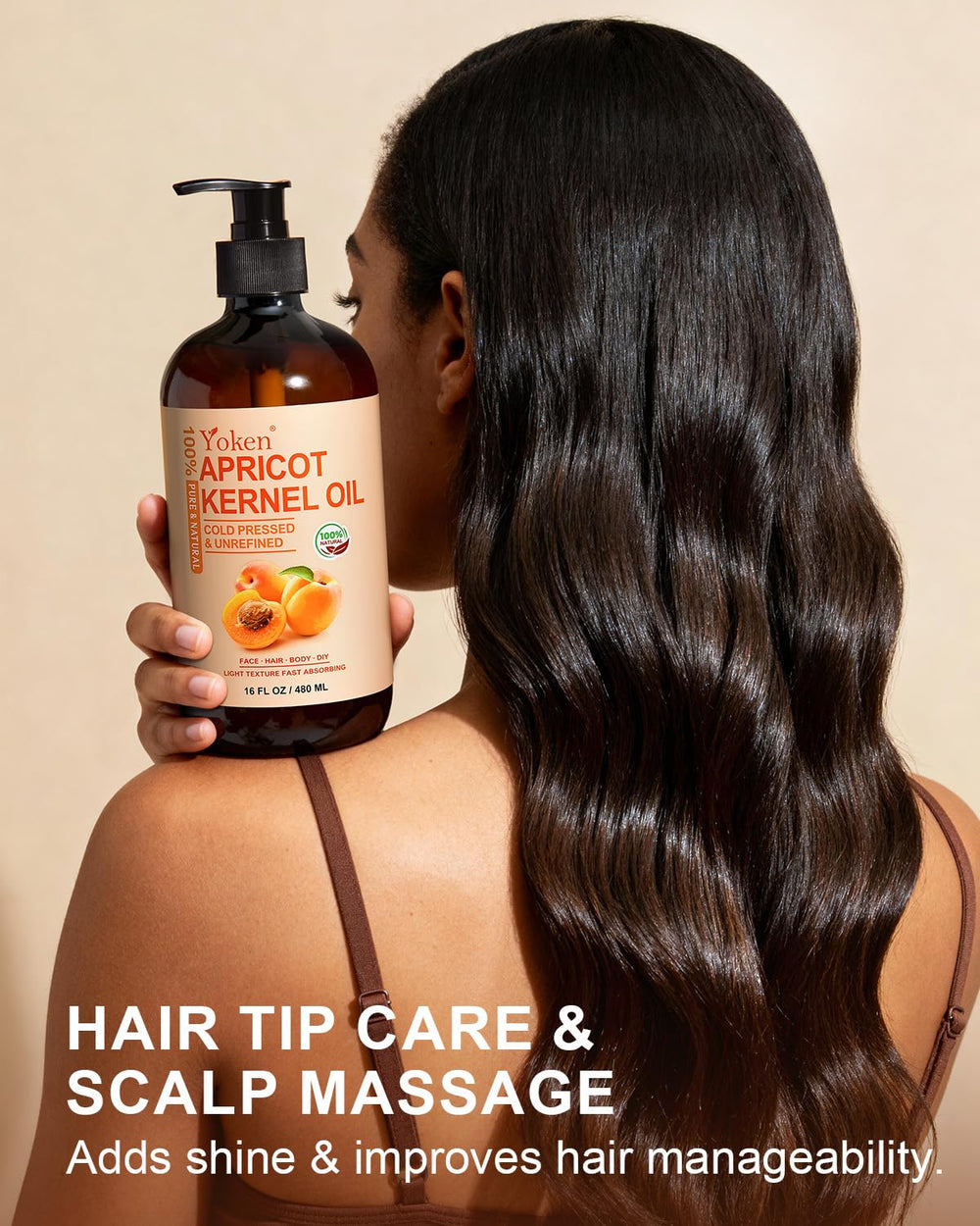 Yoken apricot oil applied to skin for light hydration.