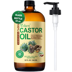 Yoken castor oil in amber bottle with pump for easy daily application and protected light exposure.