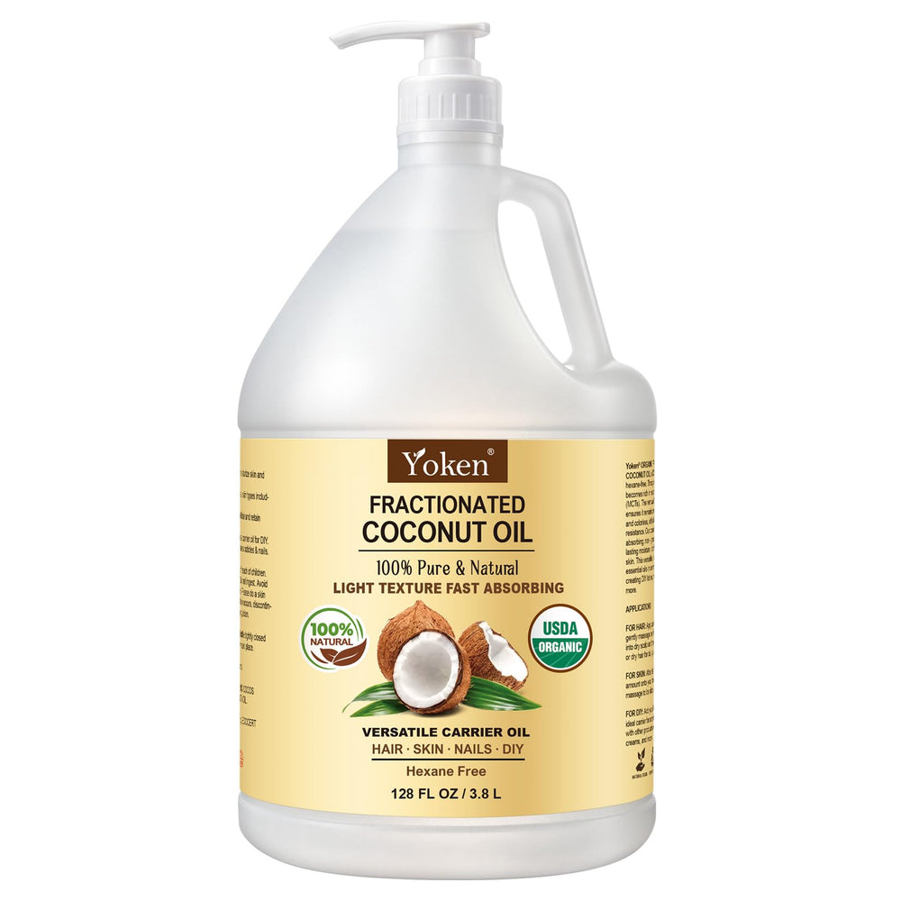 Yoken coconut oil 1gal bottle shows bulk, unscented formula for professional use