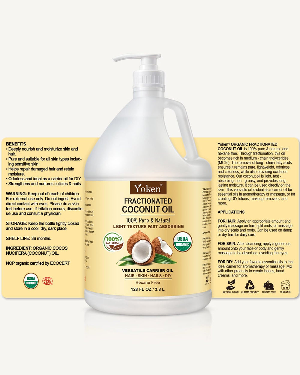 Yoken cruelty-free coconut oil testing label communicates quality and safety