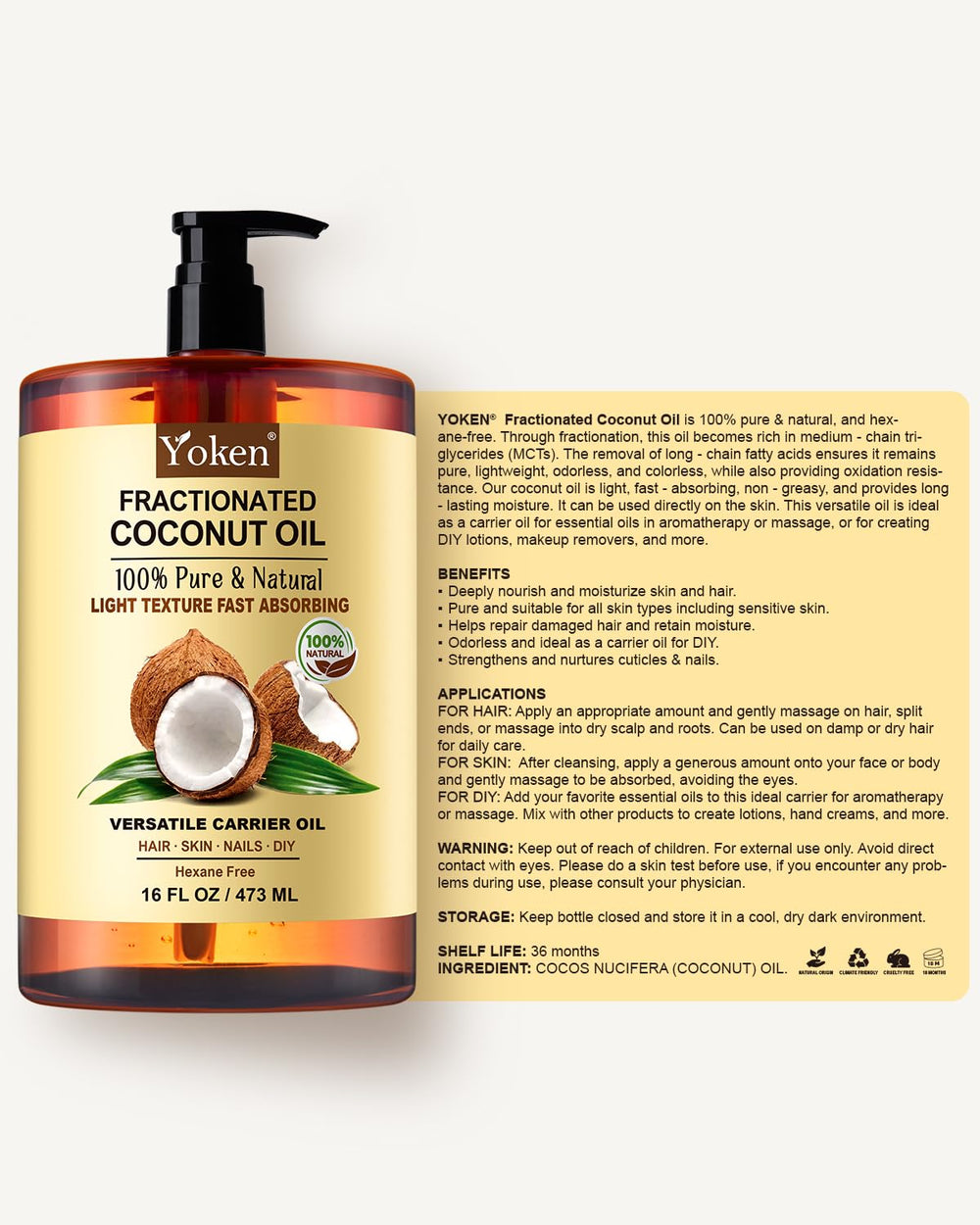 Unscented bottle of Yoken oil indicating fragrance-free option for sensitive skin.