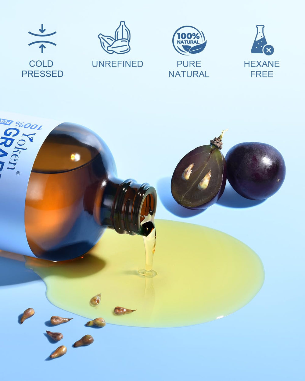 Amber glass bottle protects freshness and potency of Yoken Grapeseed Oil.