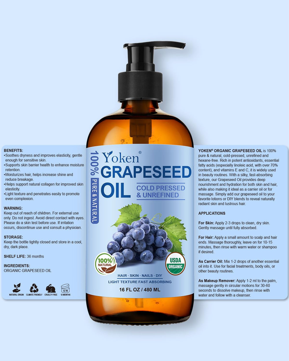 Yoken Grapeseed Oil nourishes scalp for healthier hair.