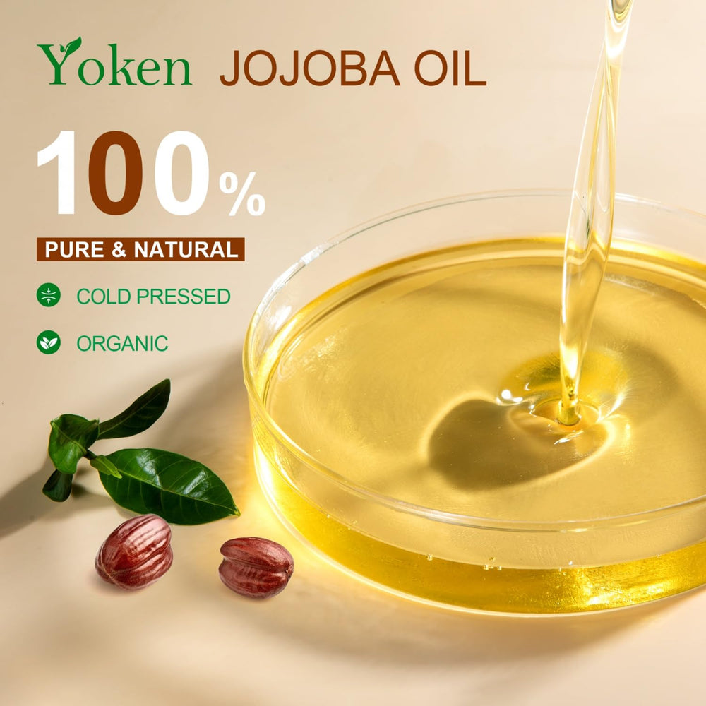 Golden color Yoken Jojoba Oil emphasizing unrefined, virgin quality.