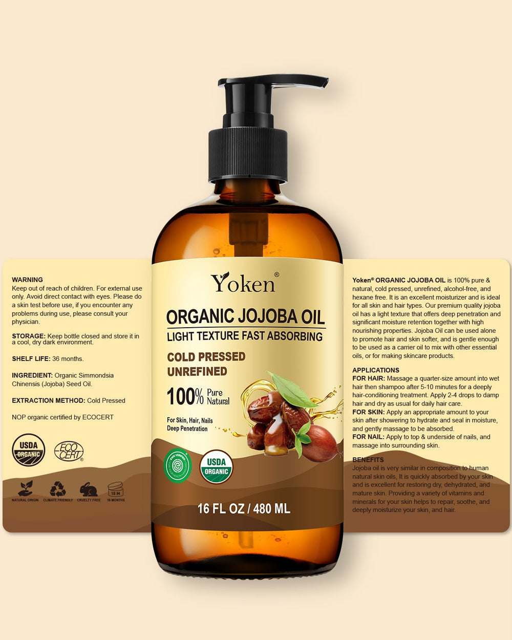 Golden liquid texture of Yoken organic jojoba oil suggests premium care.