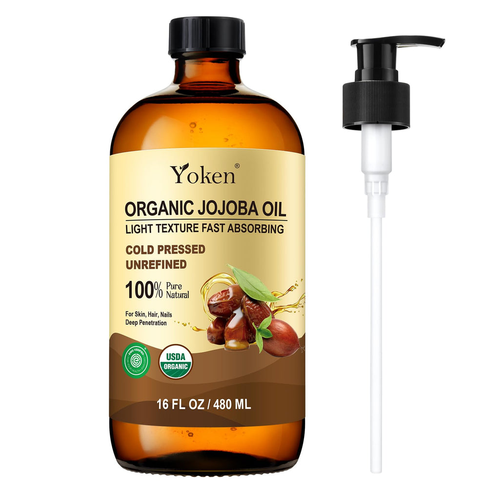 Yoken Organic Jojoba Oil in amber glass bottle preserves purity and freshness.