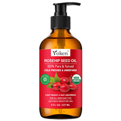 Yoken Rosehip Seed Oil bottle shows pure nourishment for daily skin hydration