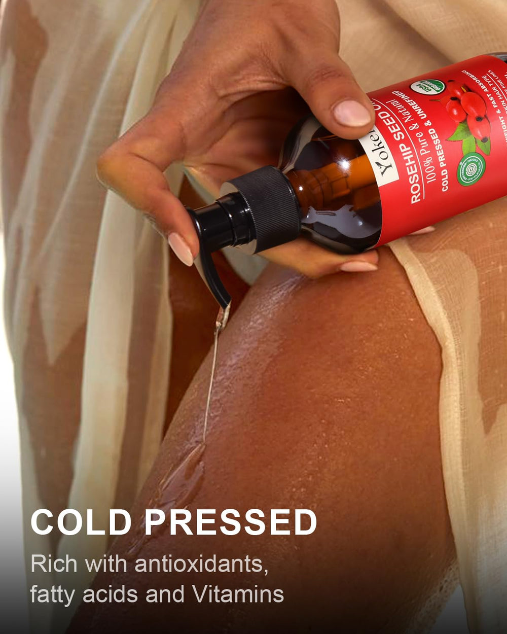 Yoken Rosehip Seed Oil label closeup highlights natural ingredients and purity