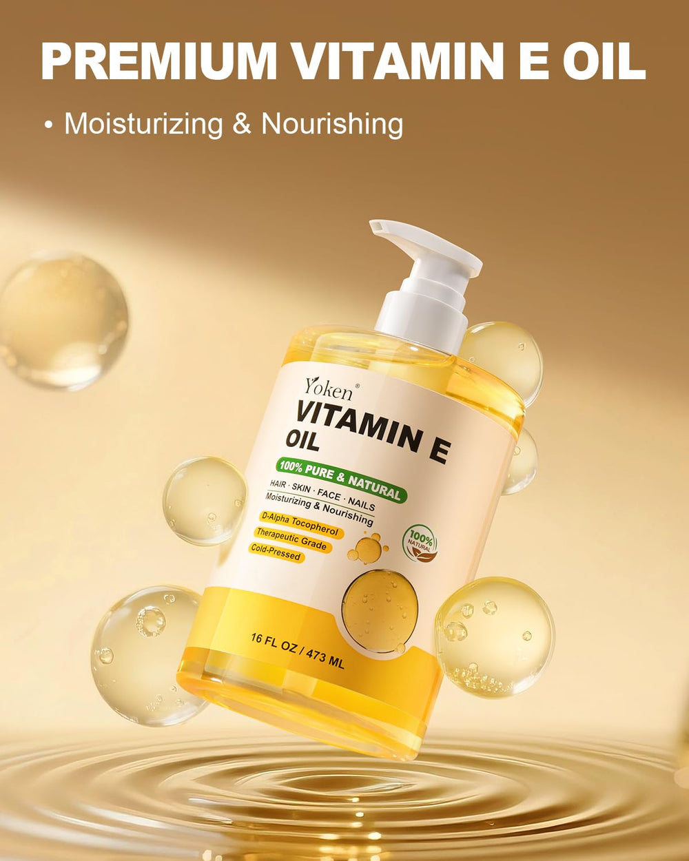 Yoken Vitamin E Oil pump top enables easy, precise application