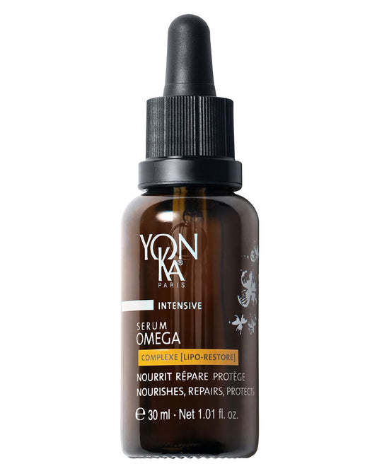 Yonka Serum Omega bottle showing the silky nourishing formula for dry skin.