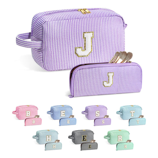 Yoolife monogram purple makeup bag front view showcases personalized style and travel readiness.