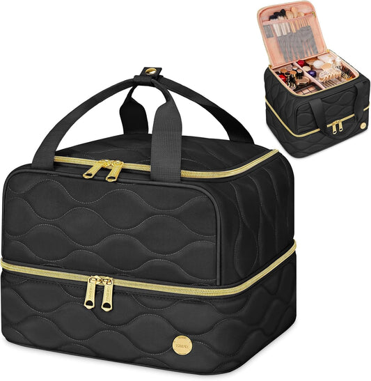 YOREPEK travel makeup organizer bag front view showcasing spacious dual compartments for easy access.