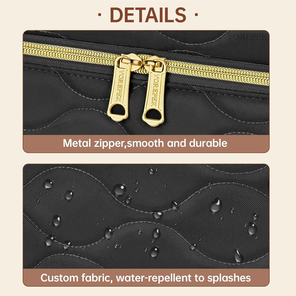YOREPEK travel makeup organizer bag inner mesh pockets organize brushes and wipes.