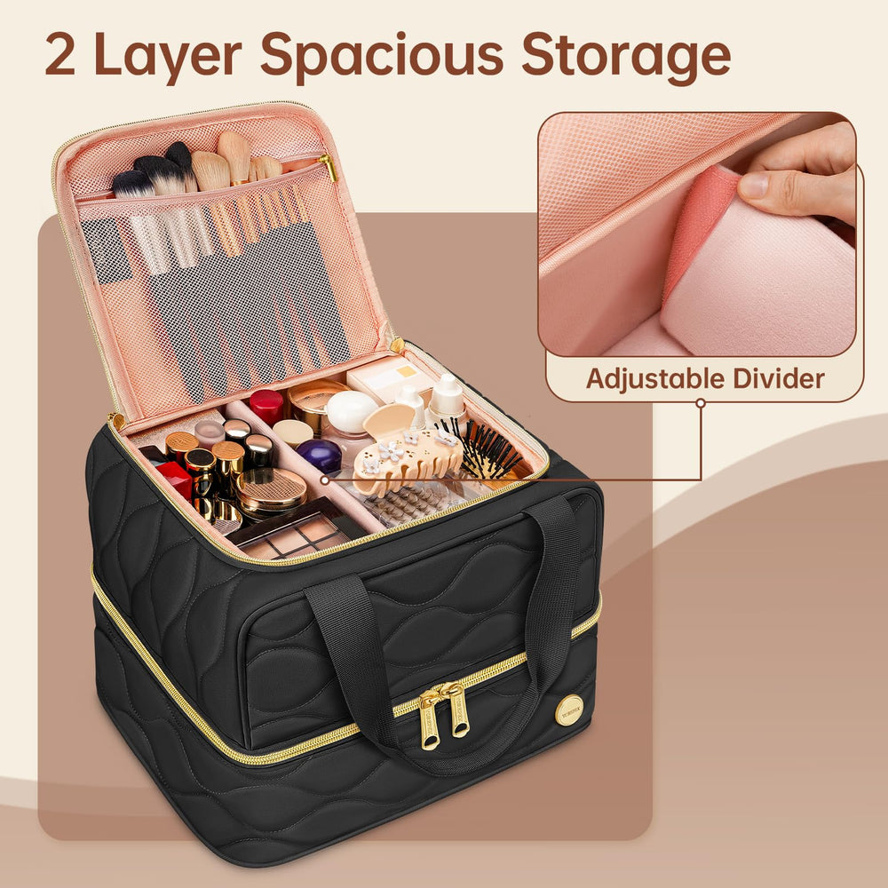YOREPEK travel makeup organizer bag open compartments highlighting upper lip products and palettes.