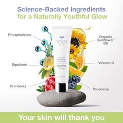 YOUN Beauty Calming Antioxidant Moisturizer bottle beside a clean face for everyday hydration.