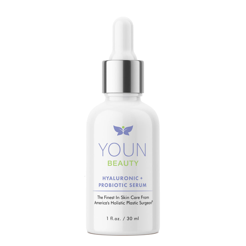 YOUN Beauty Probiotic + Hyaluronic Serum bottle close-up, hydration-ready.