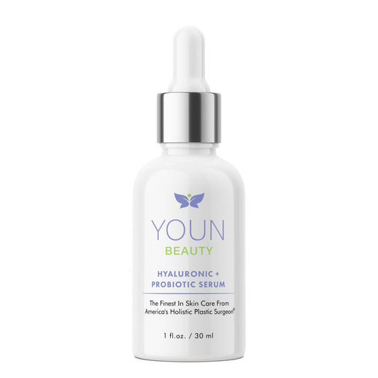 YOUN Beauty Probiotic + Hyaluronic Serum bottle close-up, hydration-ready.