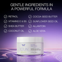 YOUN Beauty Retinol Body Creme with shea butter delivering deep moisture for dry skin