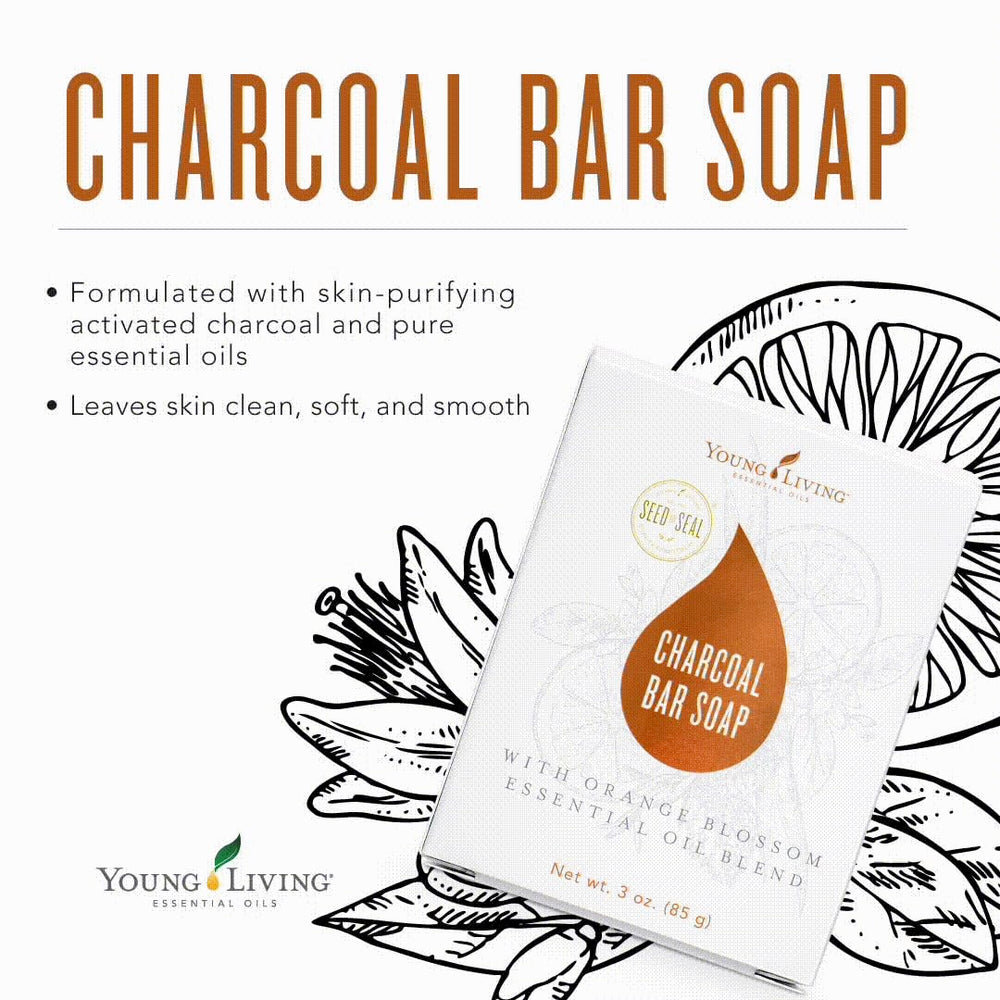 Young Living Charcoal Bar Soap features orange blossom scent for a bright cleanse.
