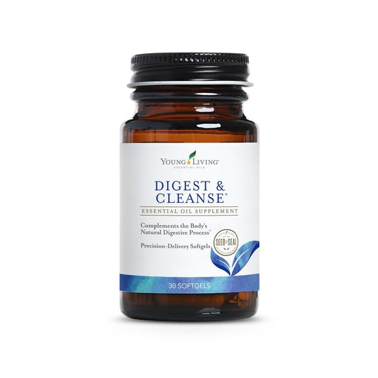 Young Living Digest & Cleanse bottle showing herbal formula for digestive support.