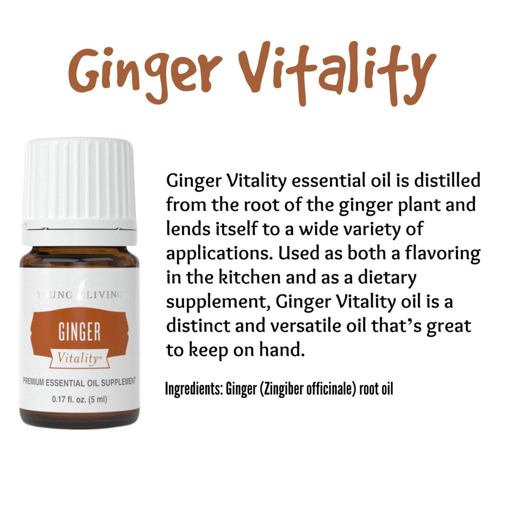 Fresh ginger slices beside Young Living Ginger Vitality bottle for aroma.