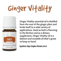 Fresh ginger slices beside Young Living Ginger Vitality bottle for aroma.