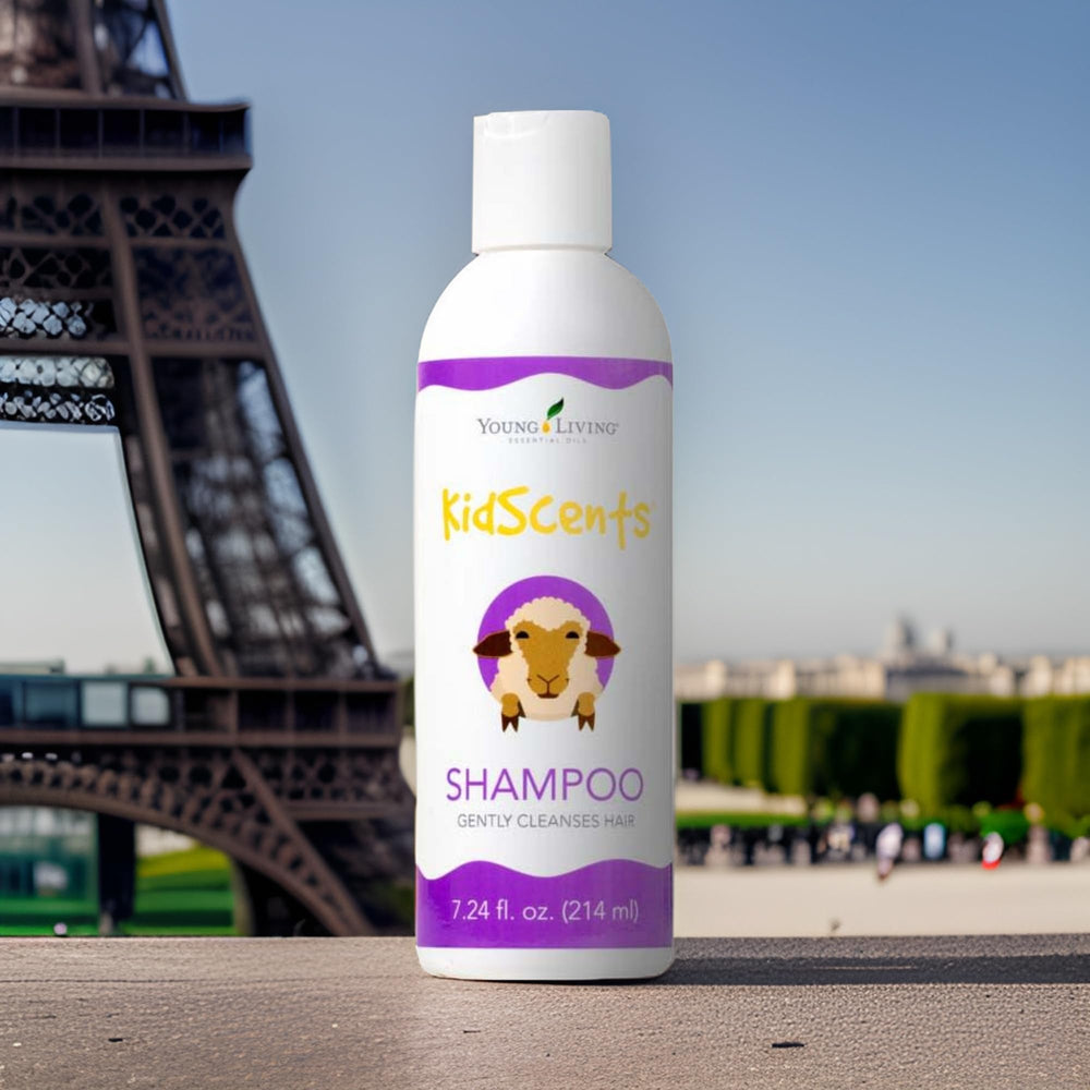 Young Living KidScents Shampoo label emphasizes hypoallergenic, gentle care.
