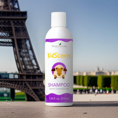 Young Living KidScents Shampoo label emphasizes hypoallergenic, gentle care.