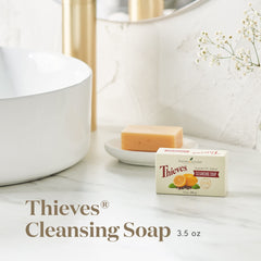 Thieves cleansing soap closeup highlights natural exfoliation and aromatic blend.