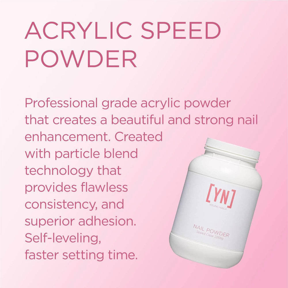 Young Nails Acrylic Speed Powder color swatches show clear, nude, pink, and white options.