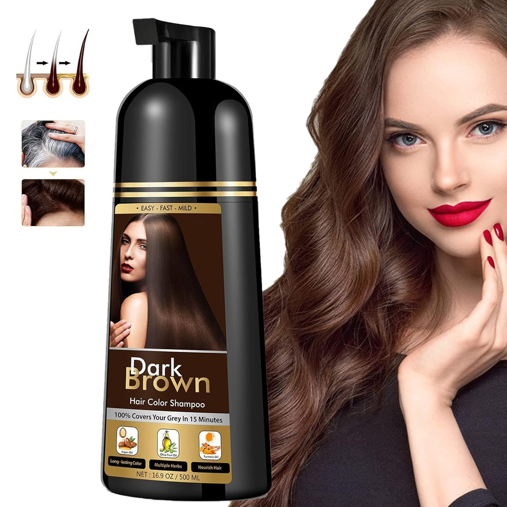YourTone Dark Brown Hair Dye Shampoo bottle being poured for gray hair coverage.