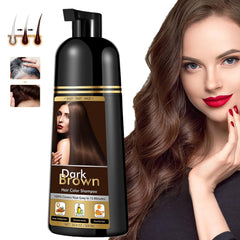 YourTone Dark Brown Hair Dye Shampoo bottle being poured for gray hair coverage.
