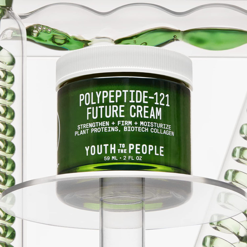 Youth To The People 121-Polypeptide Future Cream jar closeup reveals cushiony texture for smooth absorption.