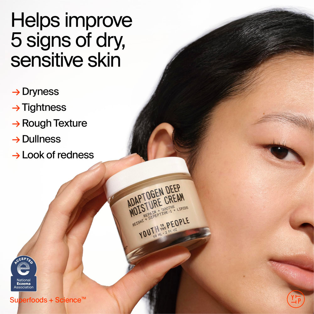 Youth To The People Adaptogen Cream jar packaging highlights nourishing barrier-friendly moisture.