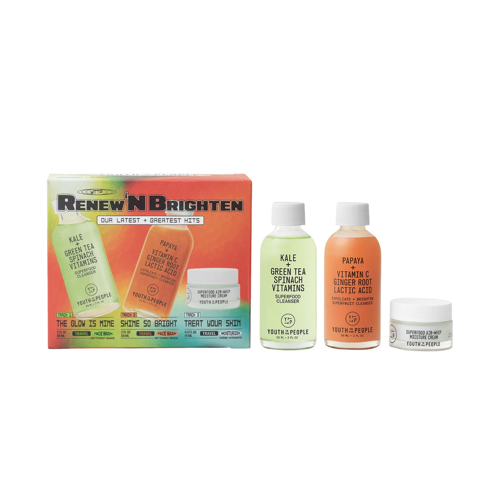 Youth To The People Renew N Brighten travel gift set packaging for on-the-go skincare.