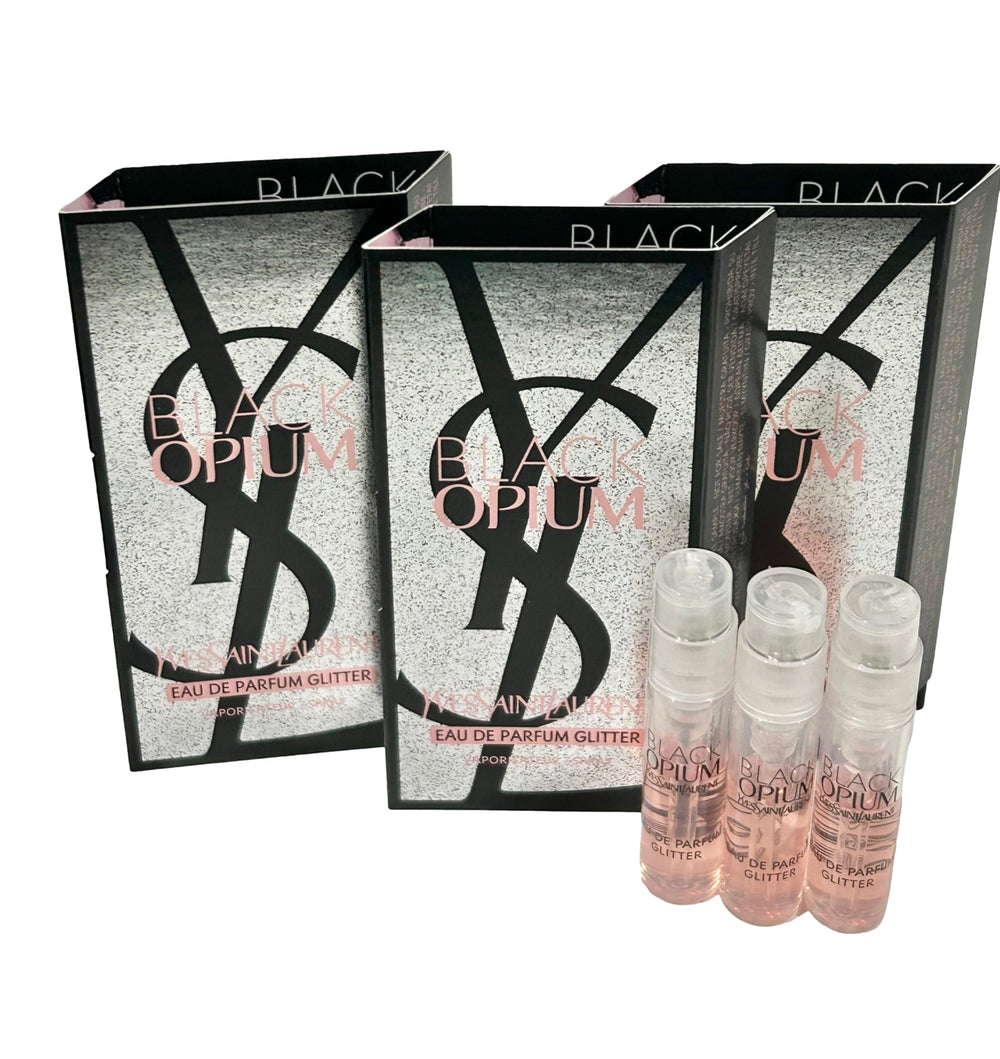 YSL Black Opium glitter sample bottle close-up for on-the-go testing