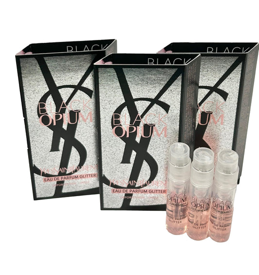 YSL Black Opium glitter sample bottle close-up for on-the-go testing