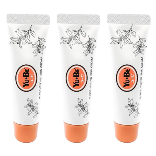 Yu-Be Moisturizing Skin Cream Trio packaging shows compact tubes for on-the-go hydration.