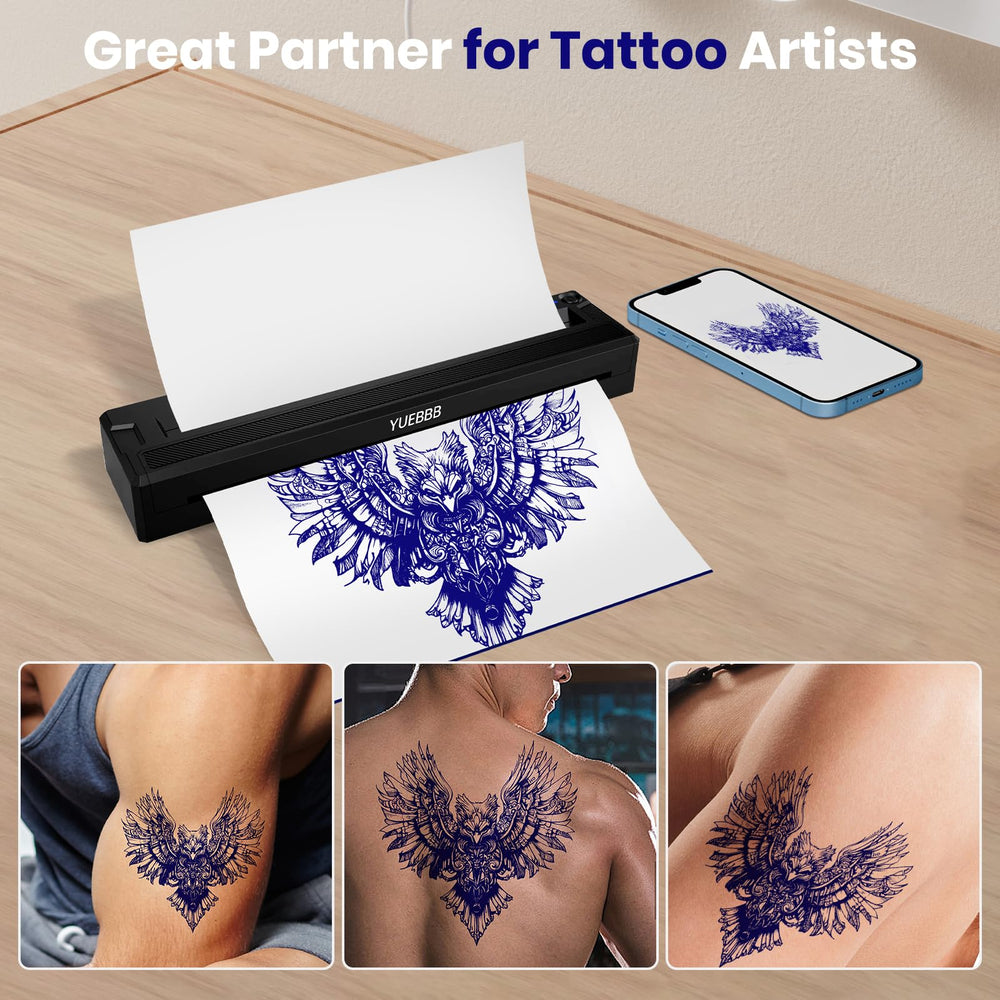 YUEBBB tattoo stencil printer with Bluetooth wireless connectivity for convenient mobile printing.