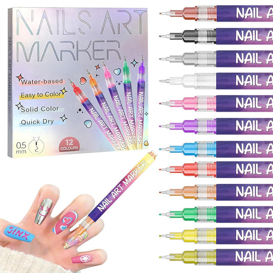 Yueur 12 colors nail art pens set for vibrant DIY designs at home.