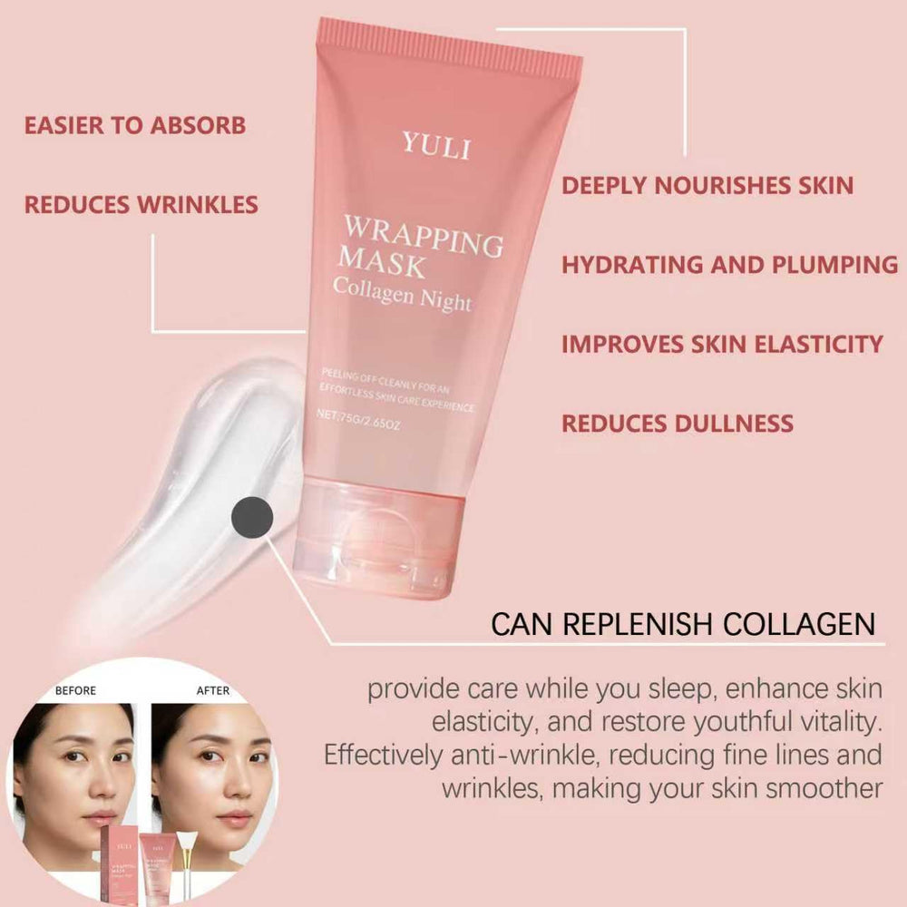 YULI collagen night wrap mask face close-up shows smooth texture.
