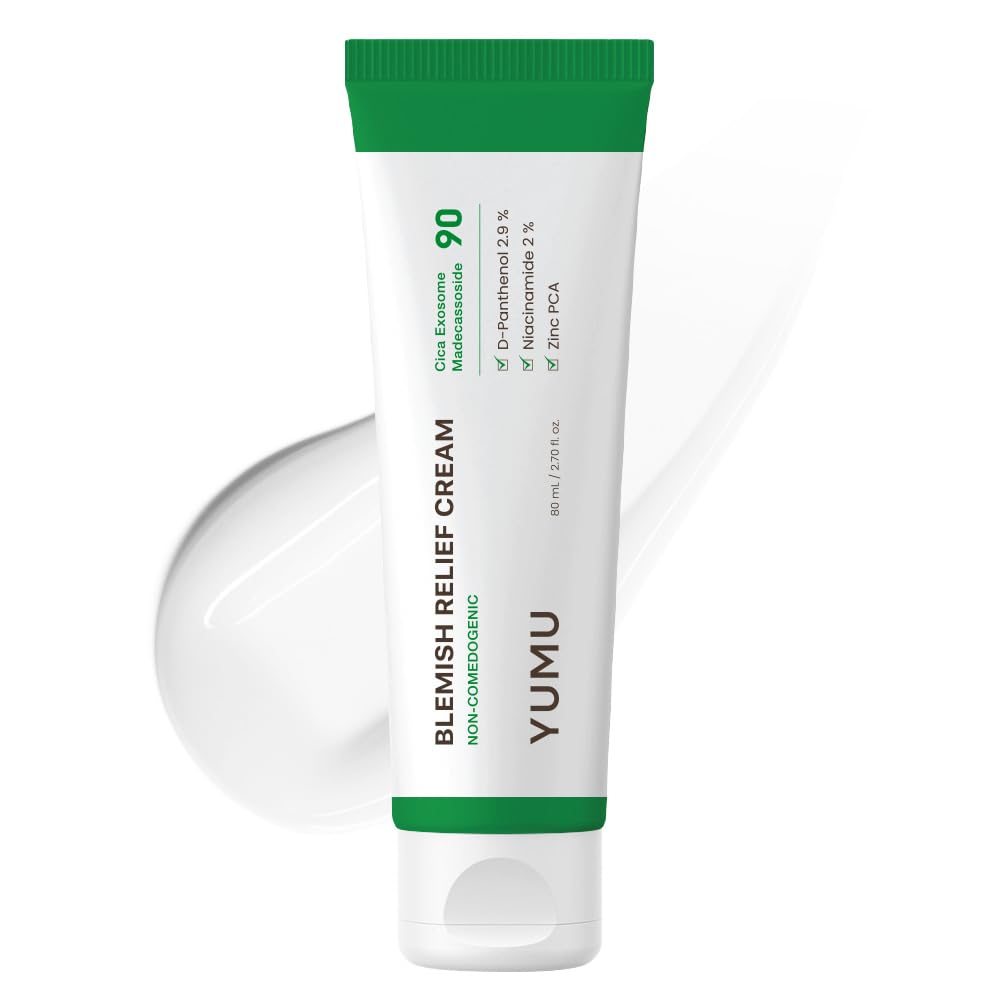 YUMU Cica Exosome Zinc Cream bottle for blemish relief and soothing care.