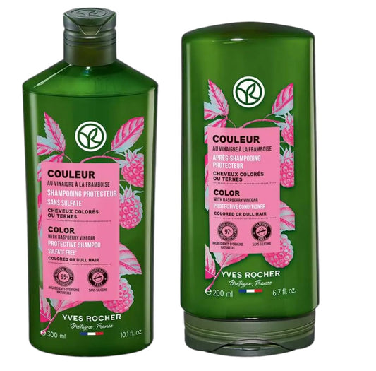 Yves Rocher color protection shampoo bottle helps maintain vibrant color